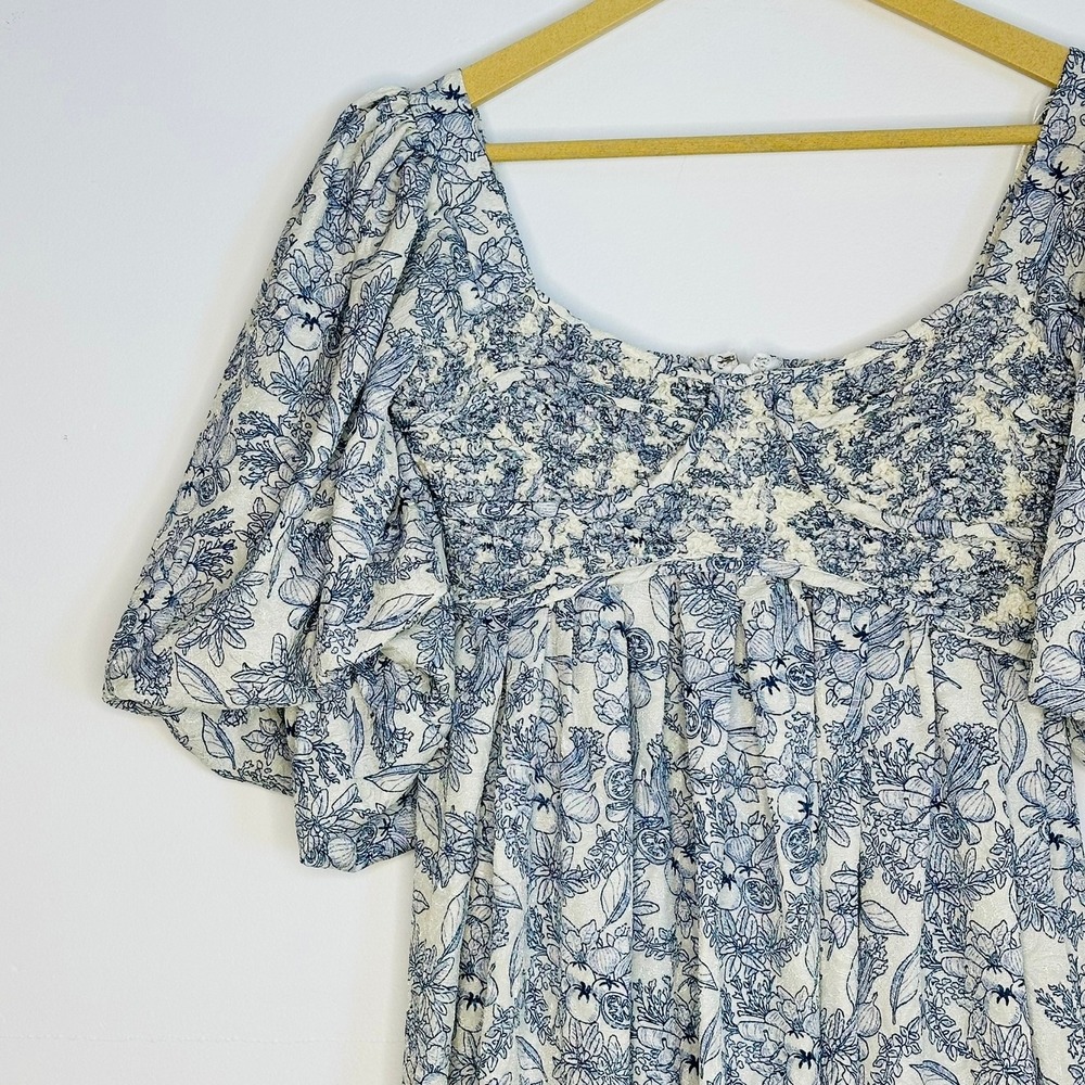 Zoco Gala Dress Women S Blue Floral Smocked Puff Toile Milkmaid cottagecore - Picture 3 of 10